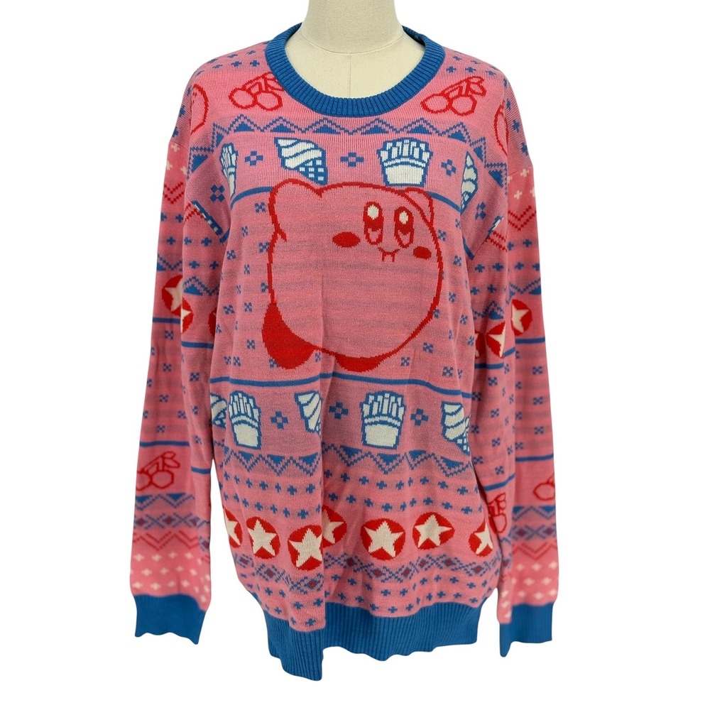 Nintendo Kirby Sweater Pink Fair Isle Holiday Graphic Knit XL